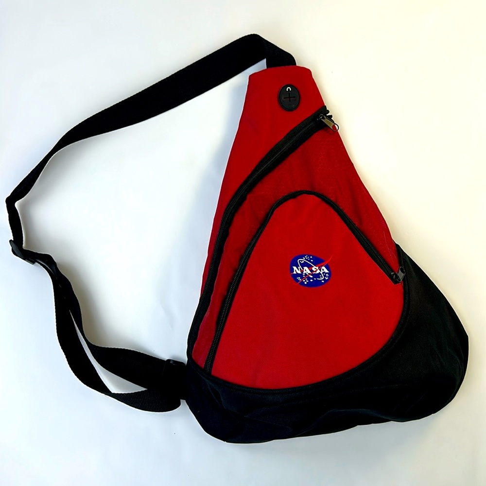 NASA Crossbody/Sling Bag. Black and Red with Embroidered NASA Logo. 2 Zipper P…